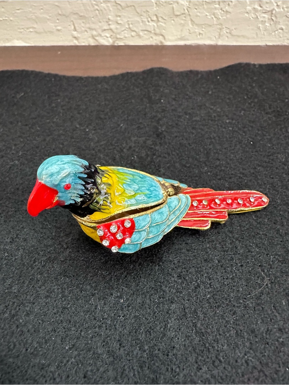 Red Rhinestone Eyed Enameled Parrot Macaw Jeweled Metal Trinket Box